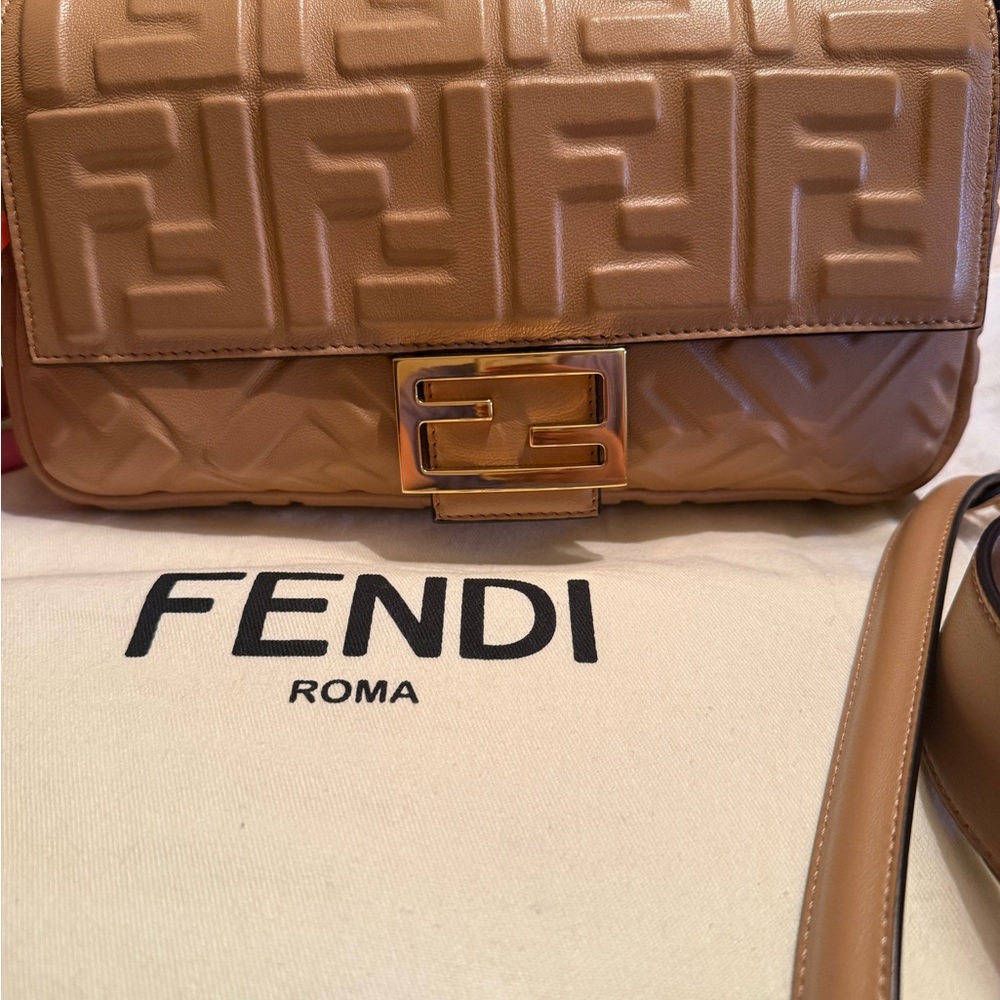 Fendi Gold and Tan Embossed Shoulder Bag